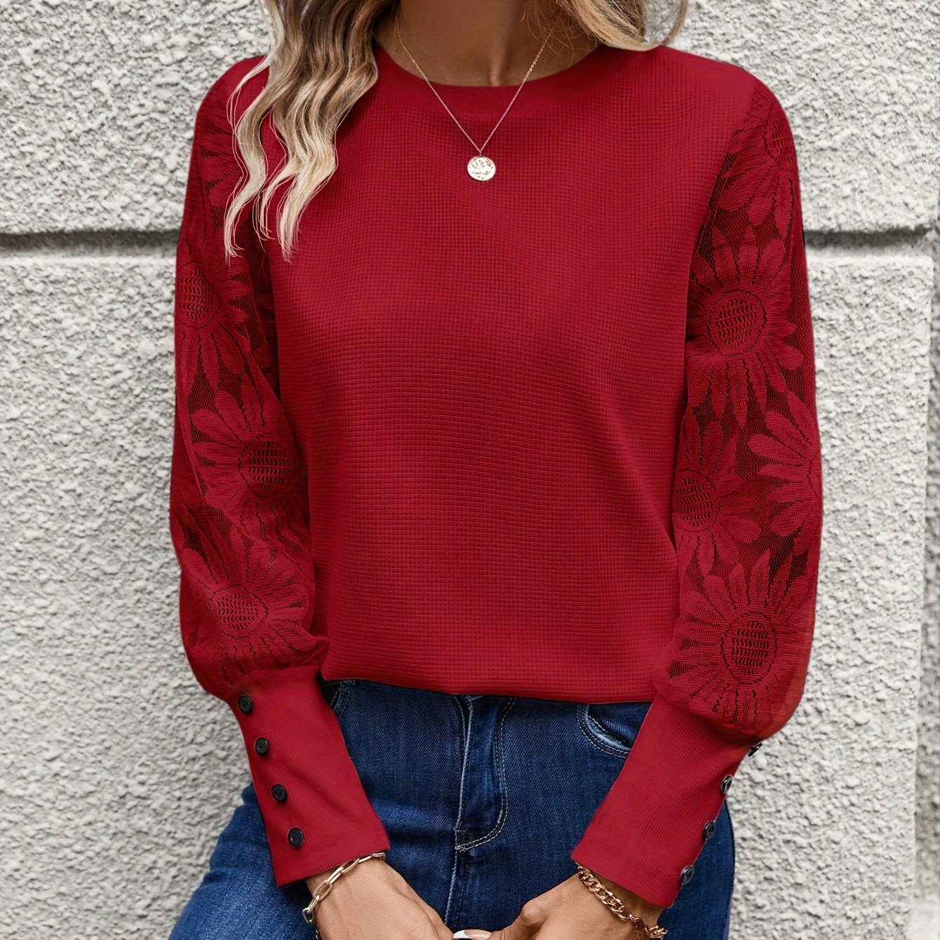 Floral Lace Waffle Knit Blouse
