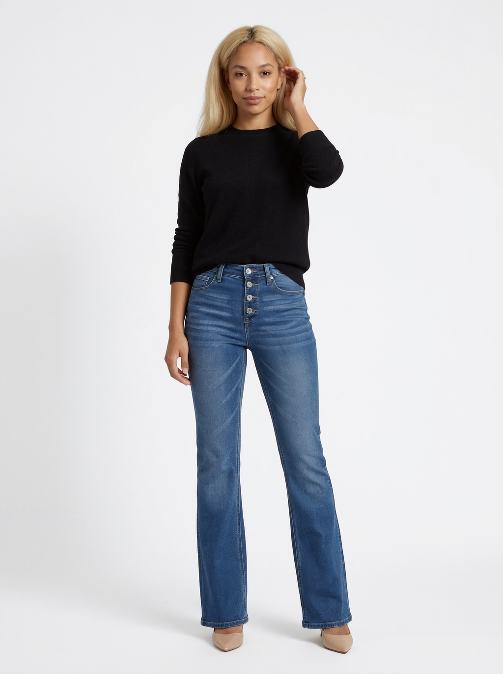 High Waisted Button Fly Bootcut Jeans