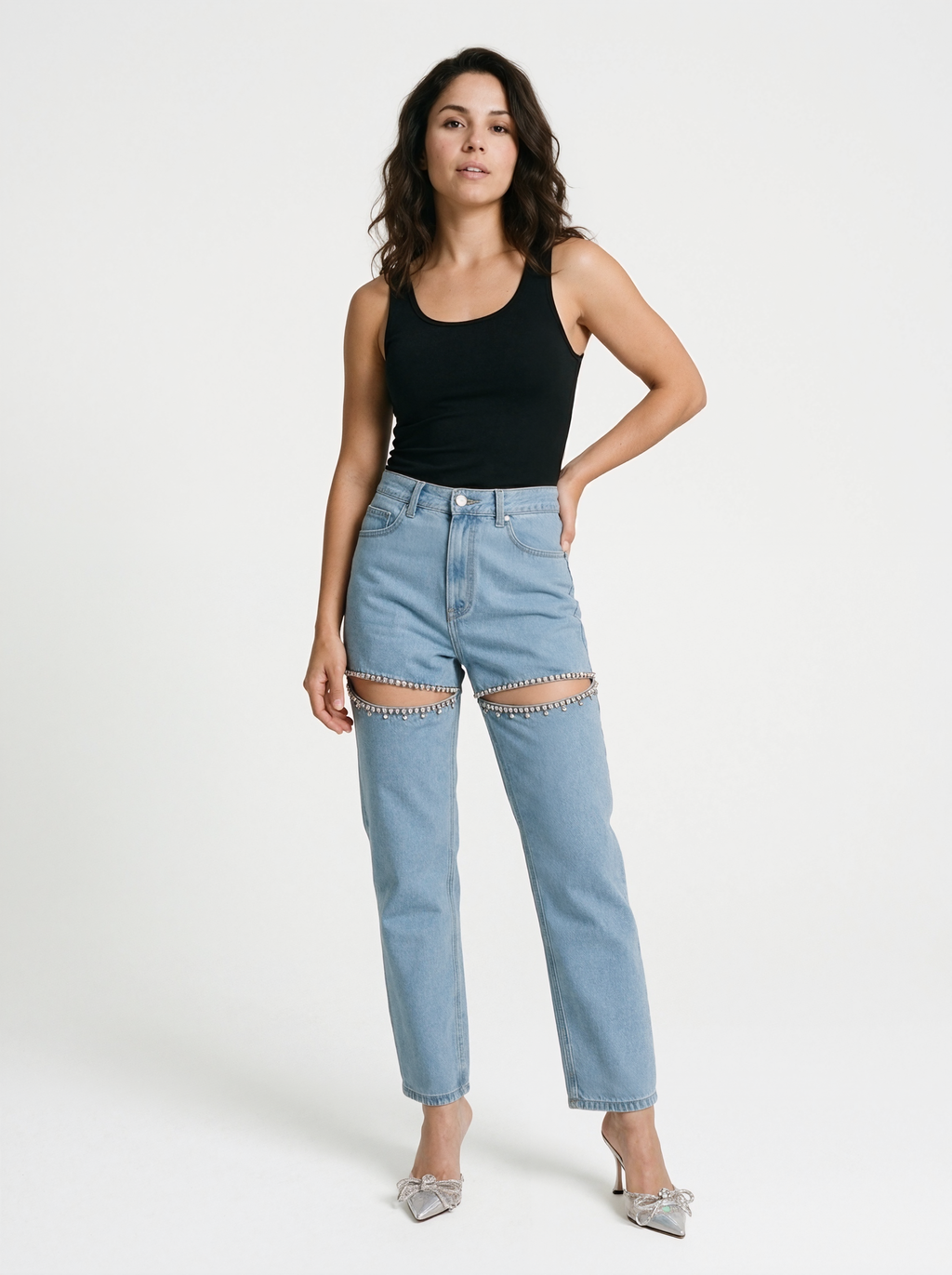 High Waist Rhinestone Jeans
