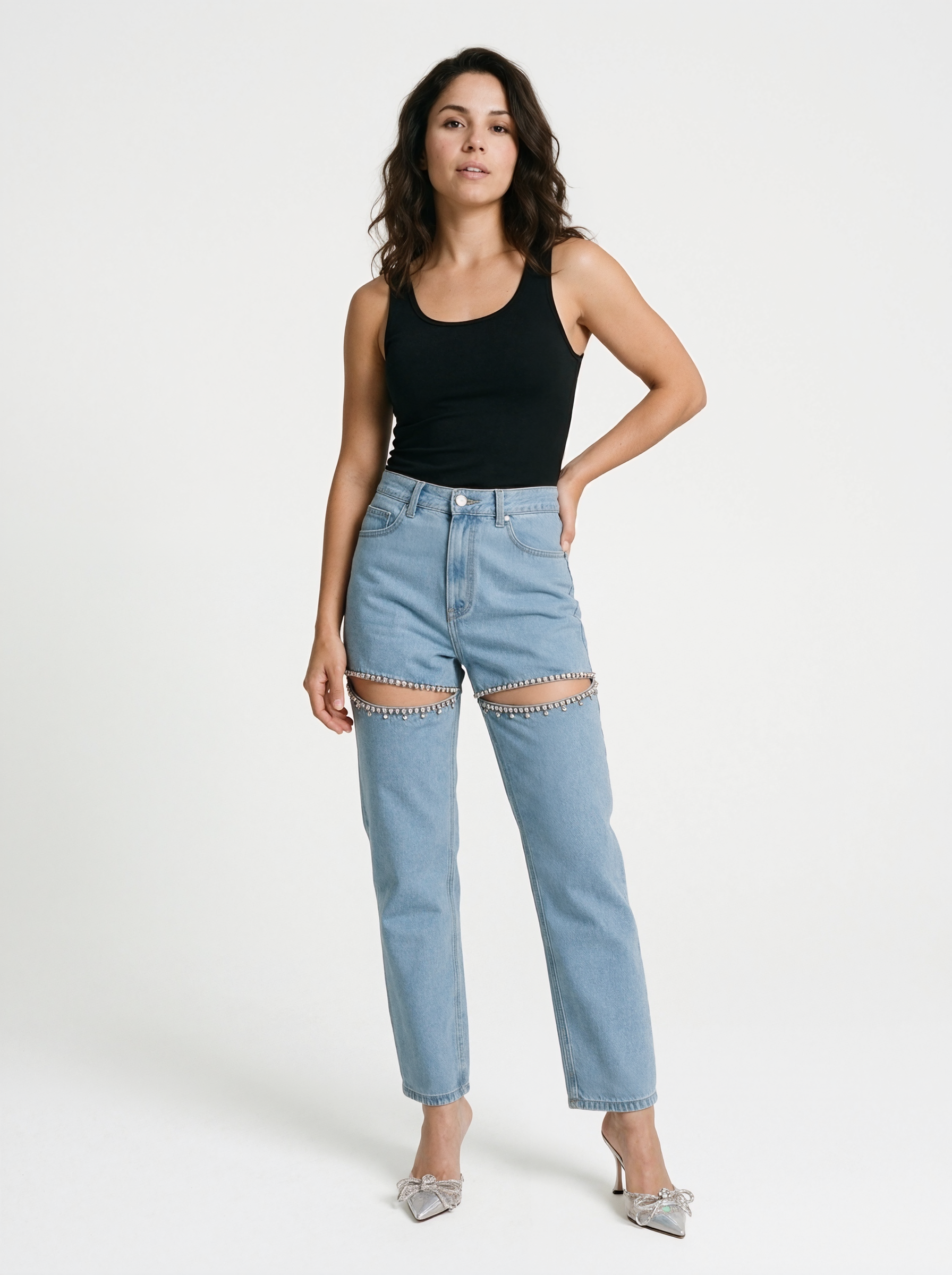 High Waist Rhinestone Jeans