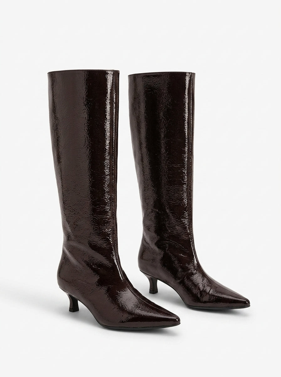 Dark Brown Kitten Heel Knee Boots