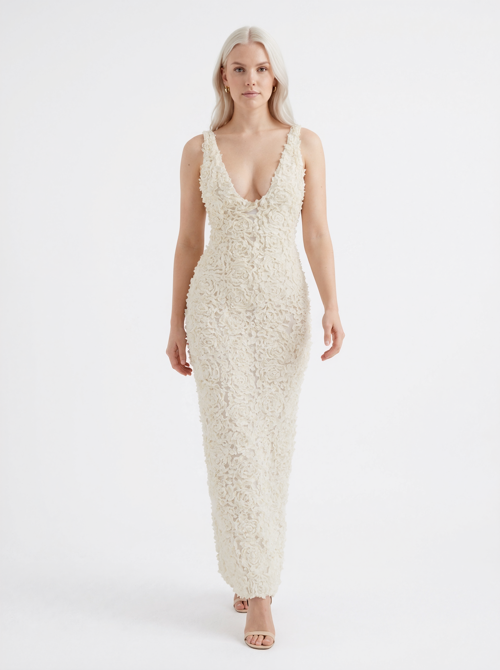 3D Rose Appliqué Sleeveless Maxi Dress