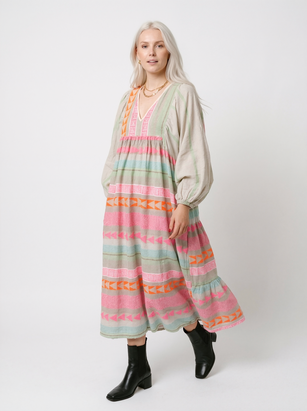Boho Print Long Sleeve Midi Dress