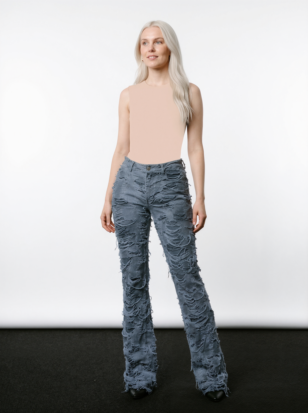 Distressed High-Waisted Flared Jeans