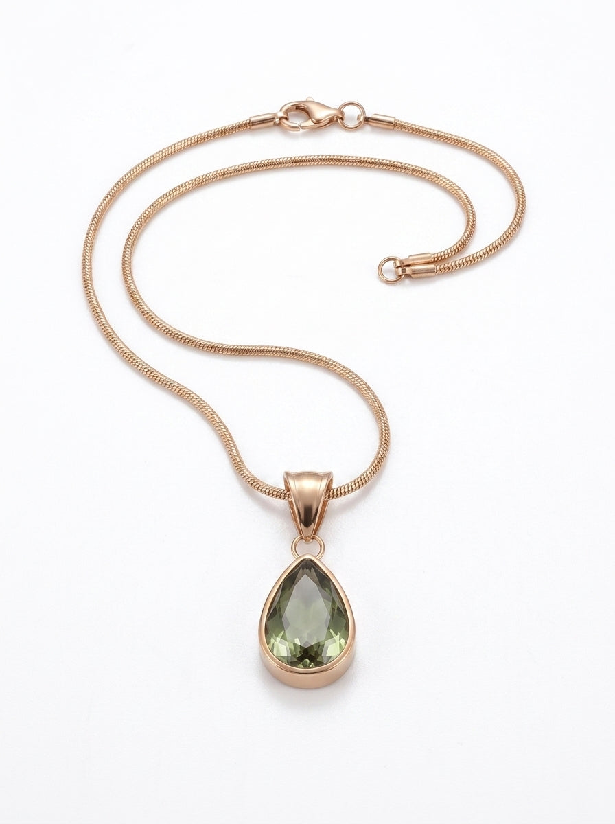 Olive Green Teardrop Gold-Tone Pendant Necklace