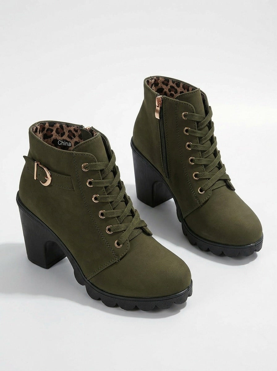 Chunky Heel Lace-Up Ankle Boots