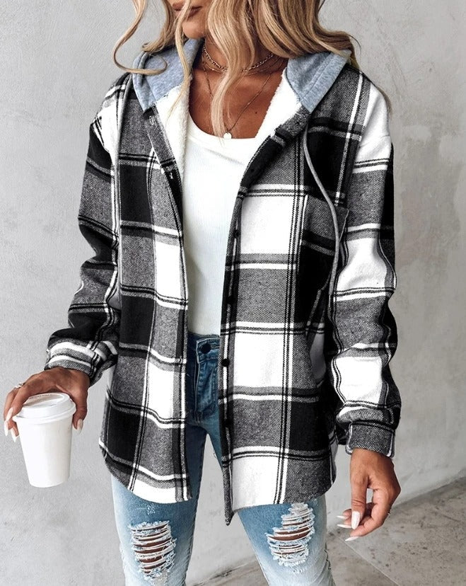 Hooded Plaid Flannel Shirt Jacket