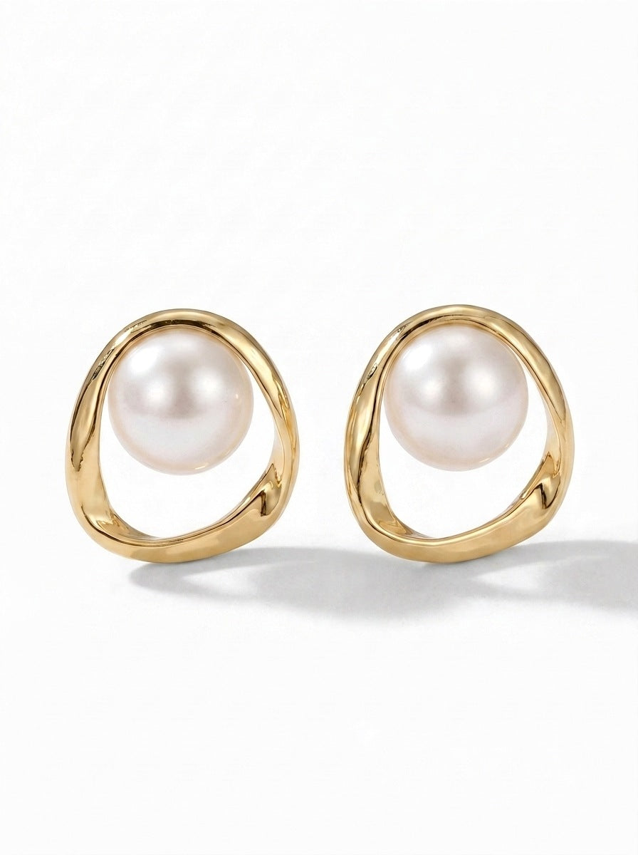 Abstract Gold Pearl Drop Earrings