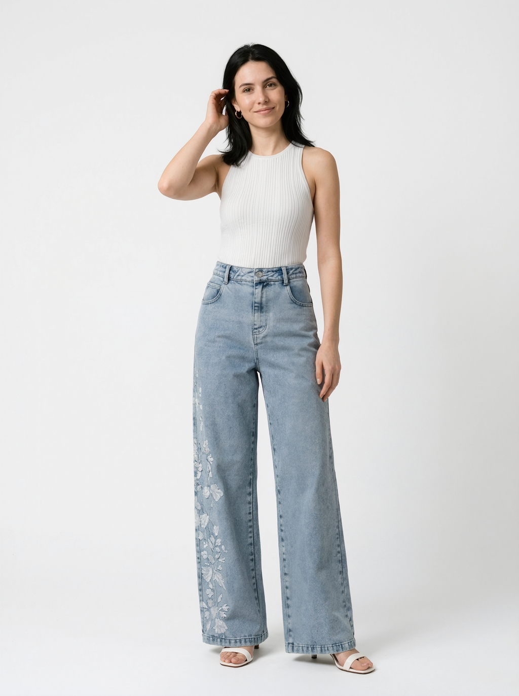 Floral Embroidered Wide Leg Jeans