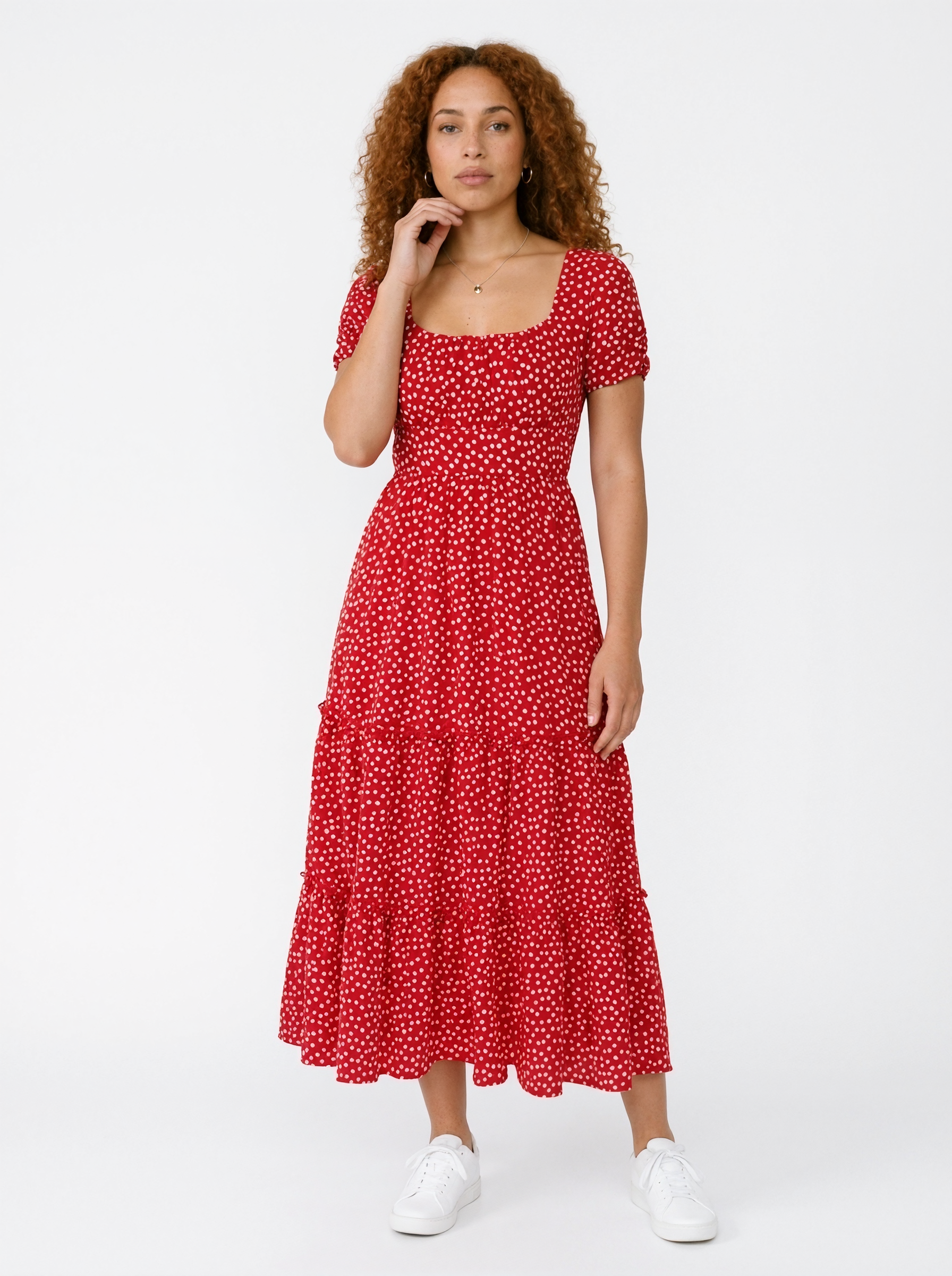Polka Dot Puff Sleeve Midi Dress