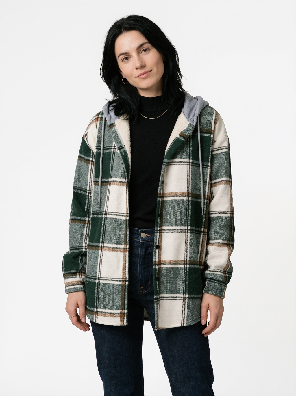 Hooded Plaid Flannel Shirt Jacket