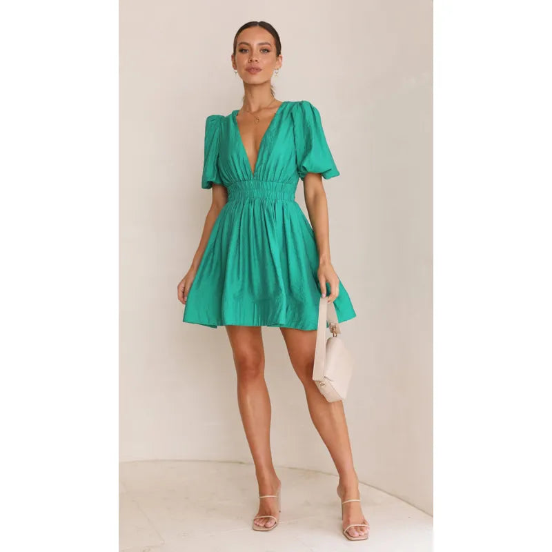Puff Sleeve Deep V Mini Dress