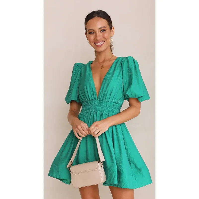 Puff Sleeve Deep V Mini Dress