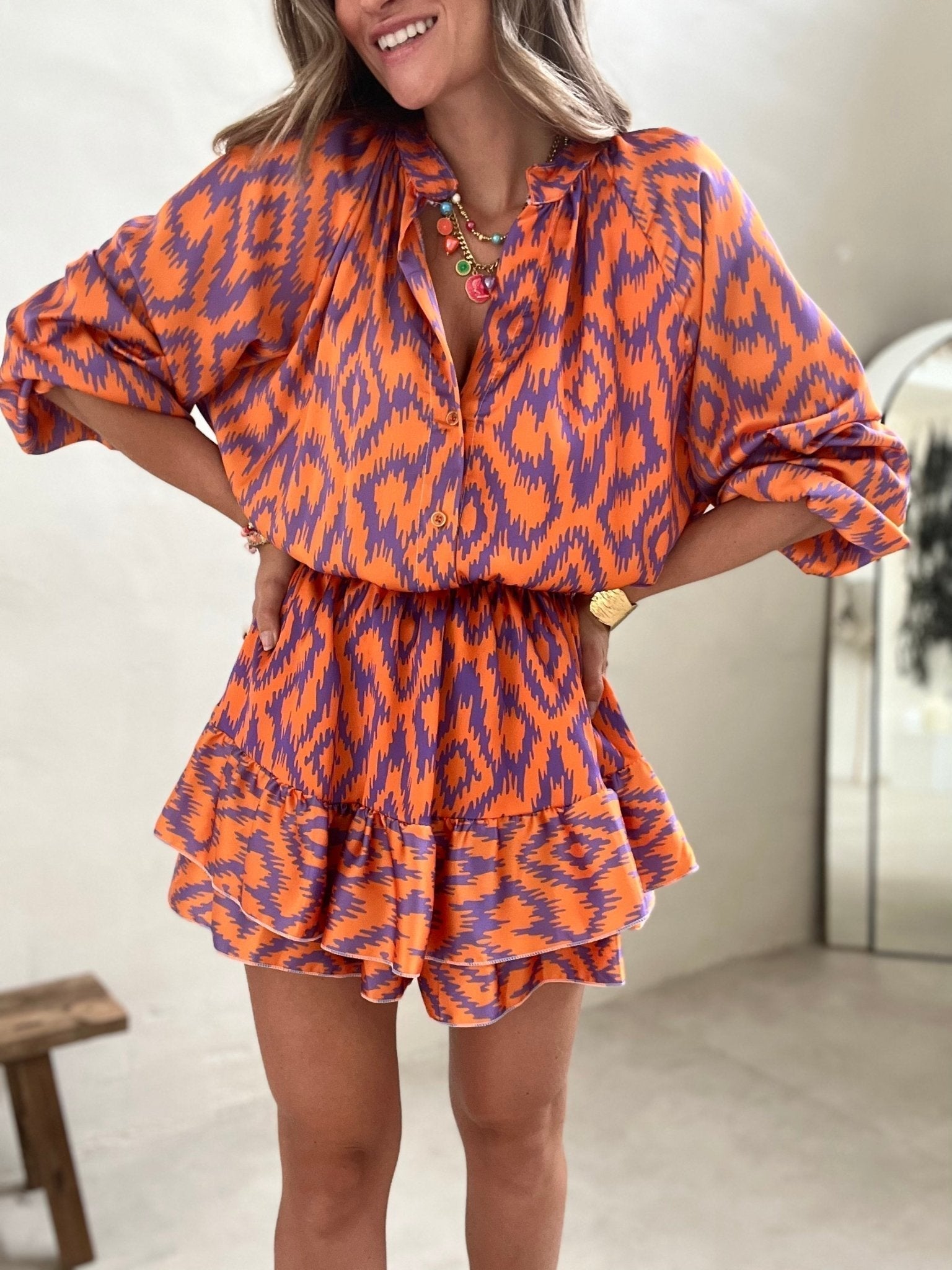 Ikat Ruffle Mini Dress