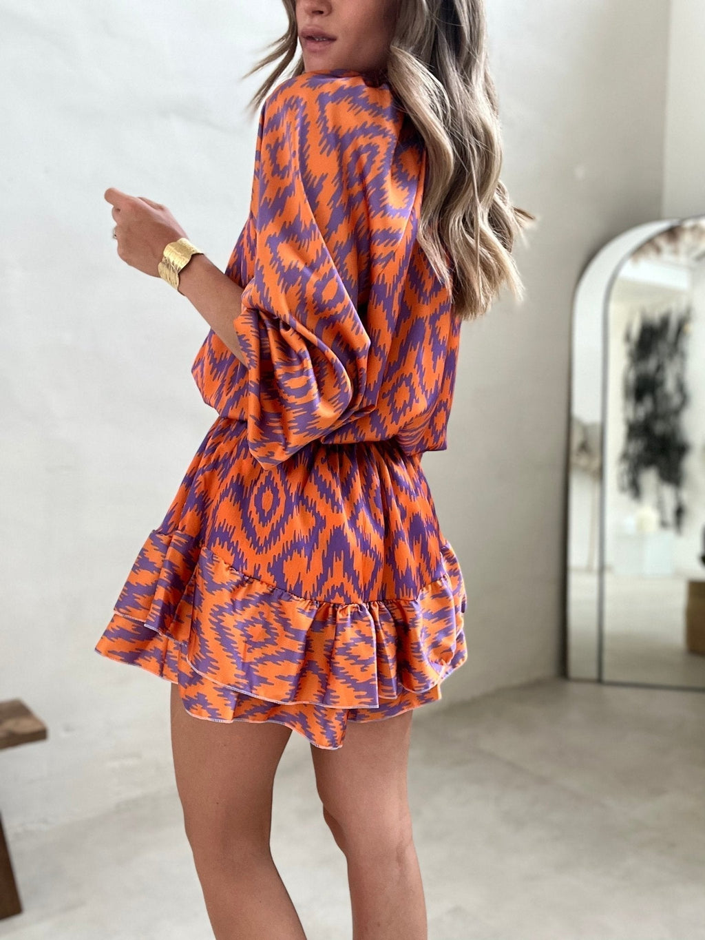 Ikat Ruffle Mini Dress