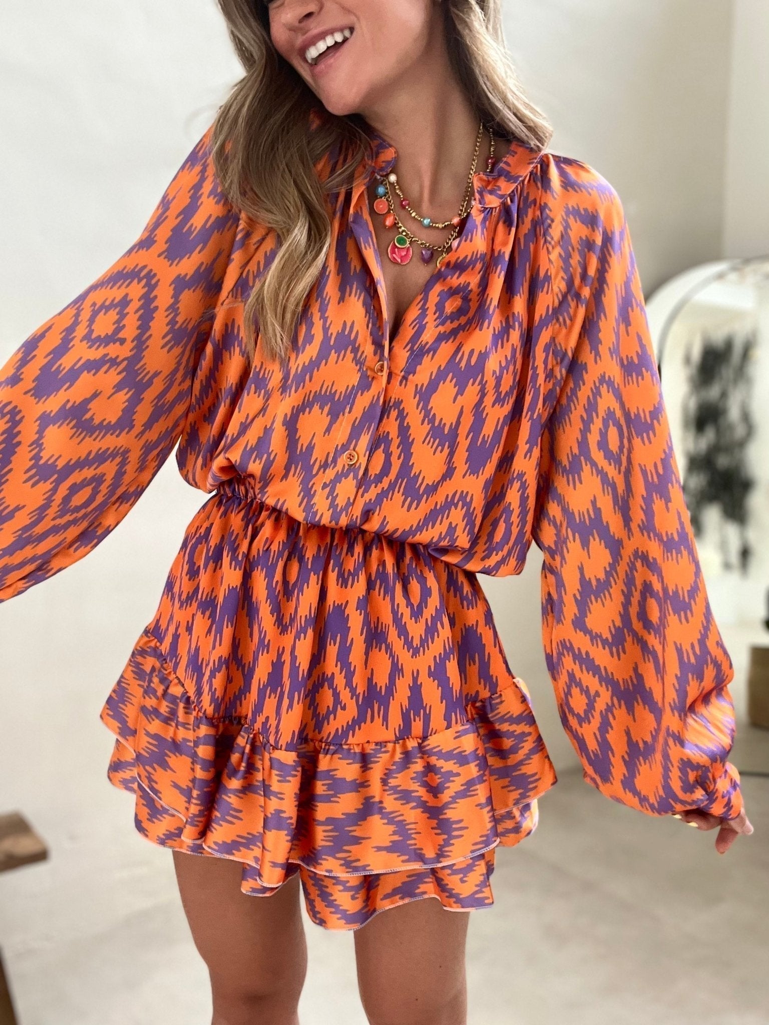 Ikat Ruffle Mini Dress