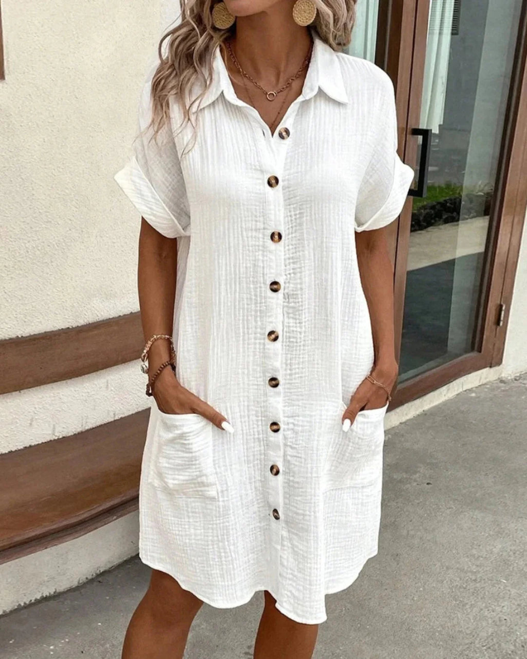 Gauze Button-Front Shirt Dress