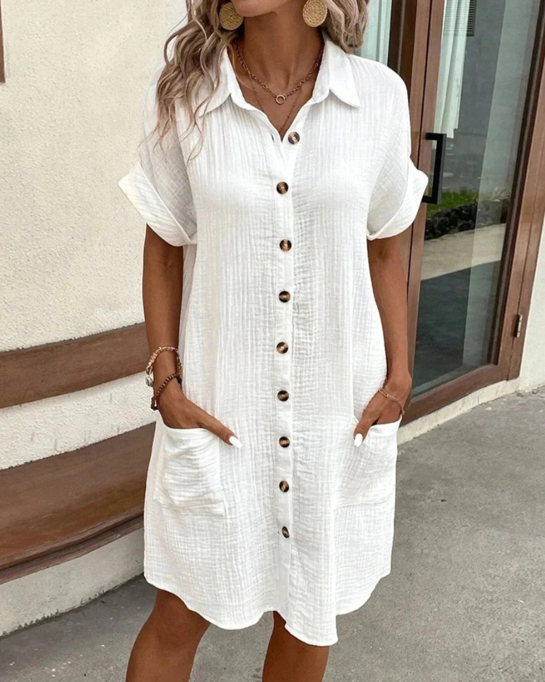 Gauze Button-Front Shirt Dress