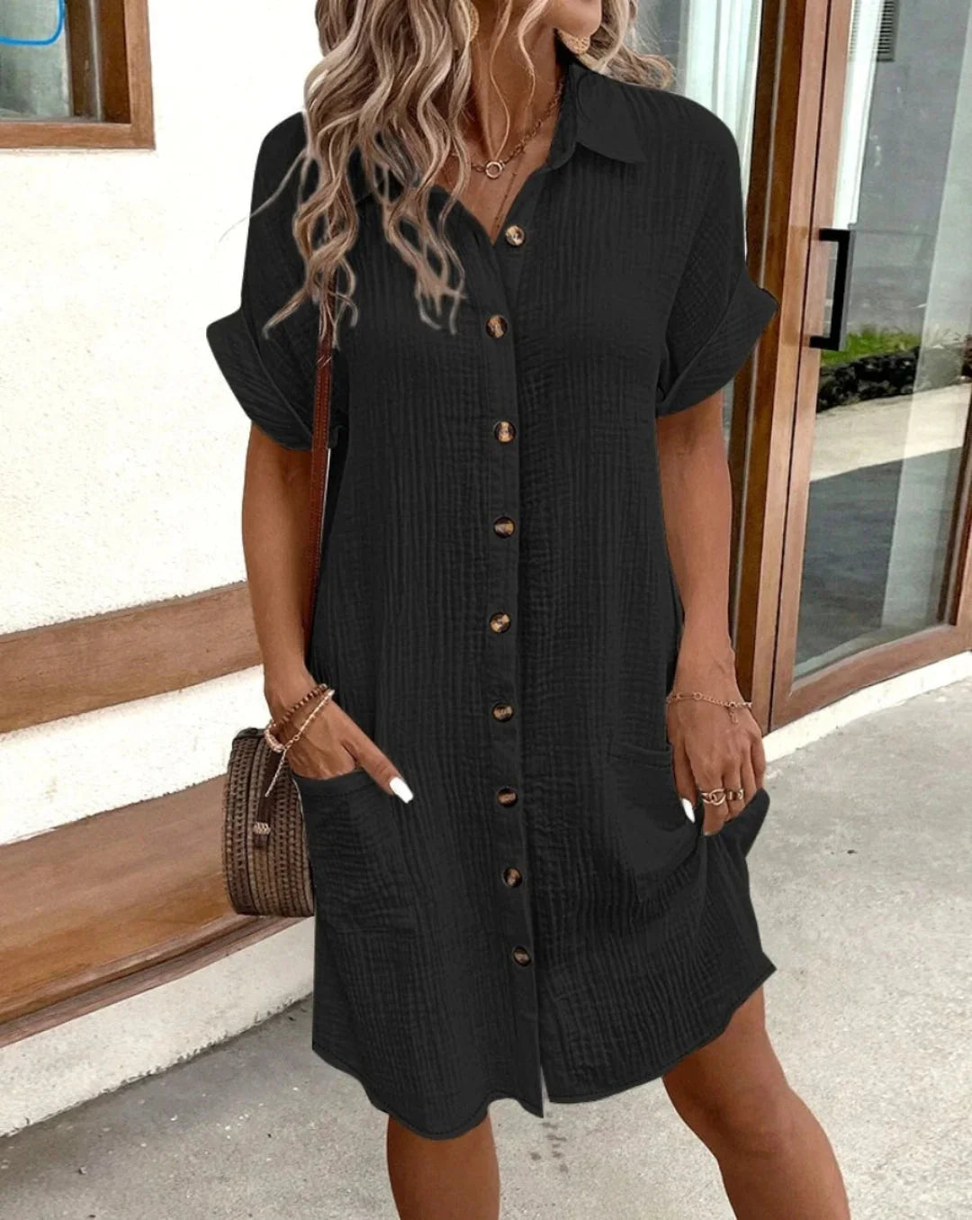 Gauze Button-Front Shirt Dress