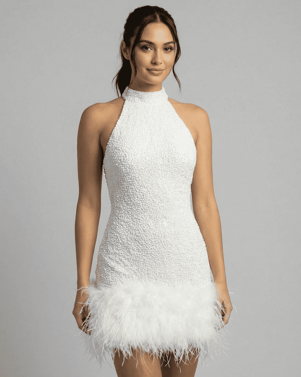 White Feathered Halter Mini Dress