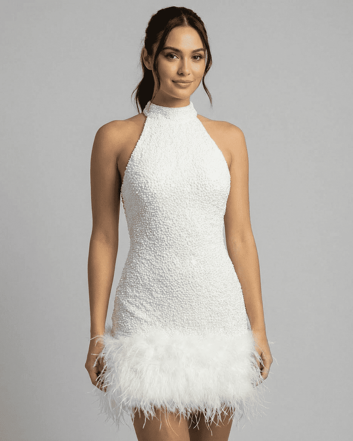 White Feathered Halter Mini Dress