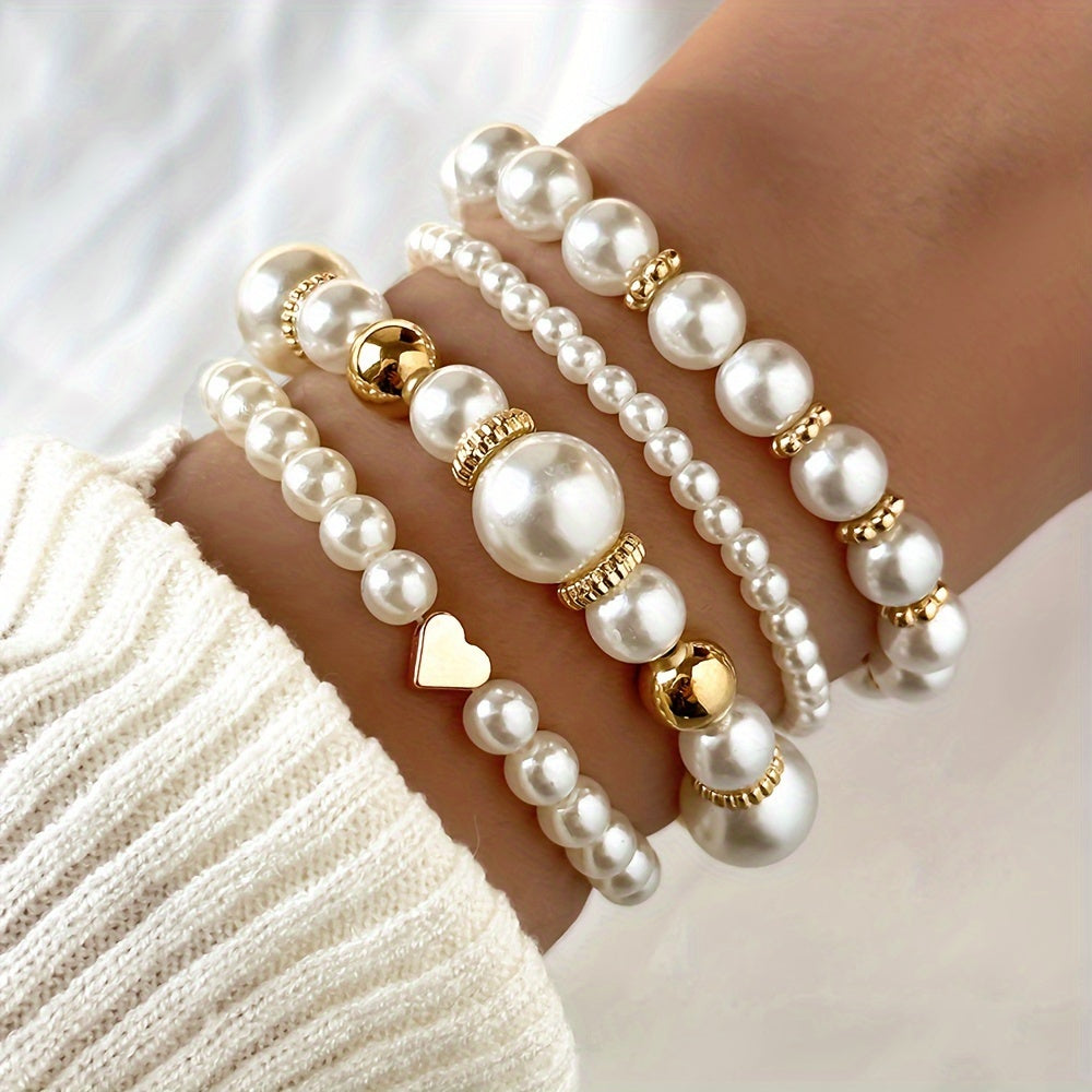 Stackable Faux Pearl Gold Bracelet Set