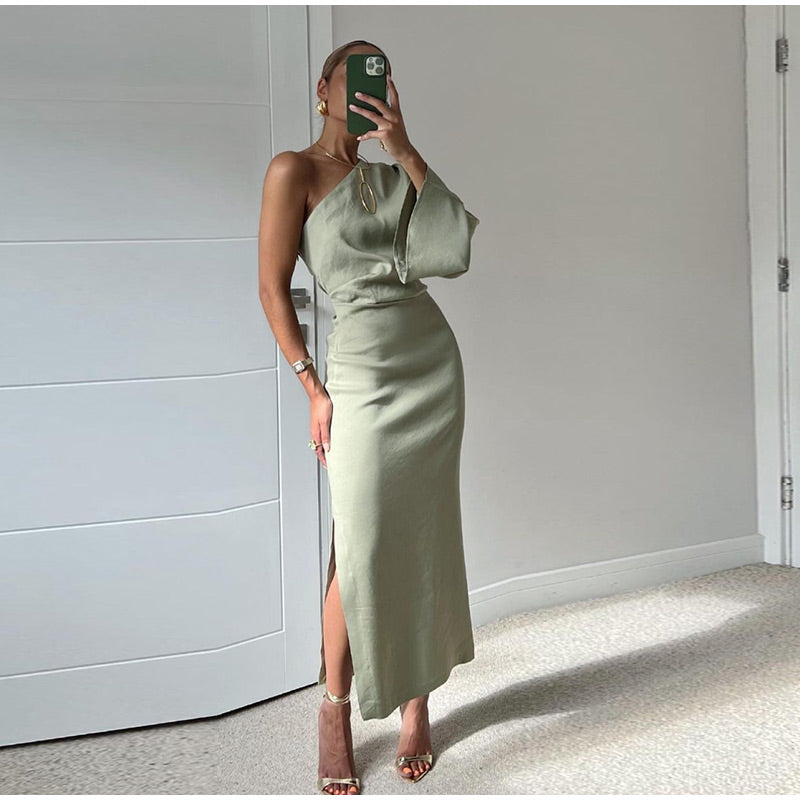 One-Shoulder Pleated Maxi Dress