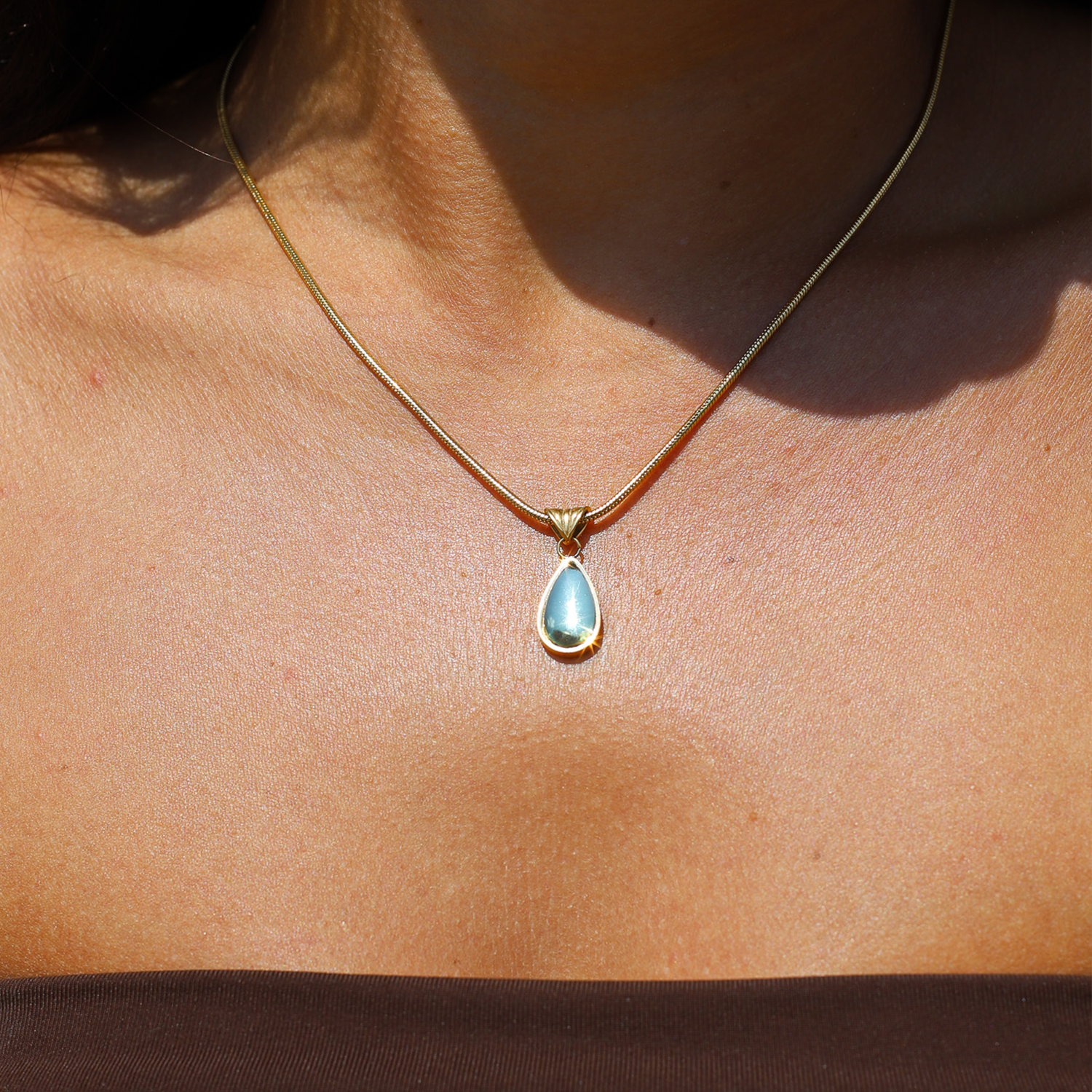 Olive Green Teardrop Gold-Tone Pendant Necklace