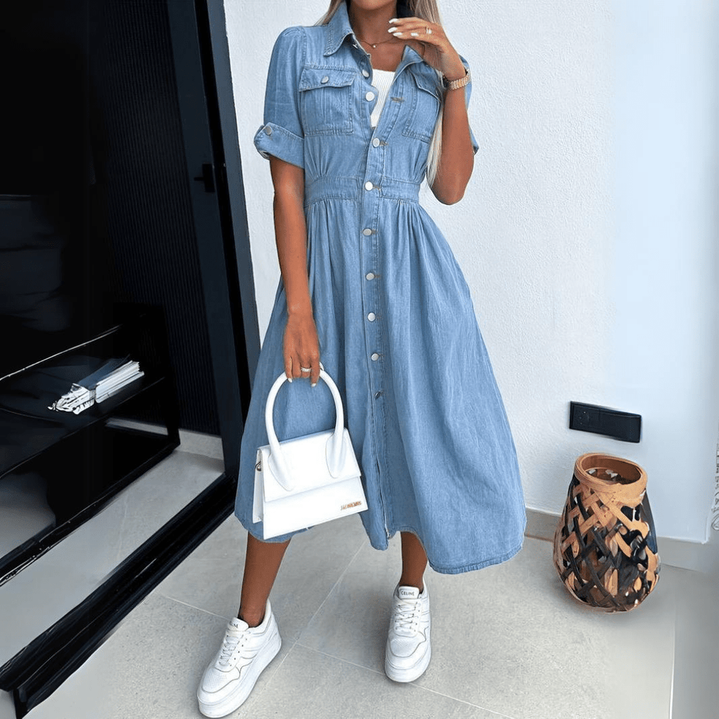 Midi Button Front Denim Dress