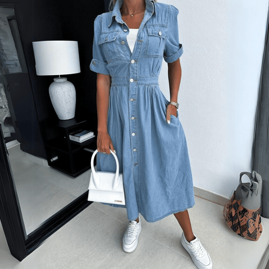 Midi Button Front Denim Dress