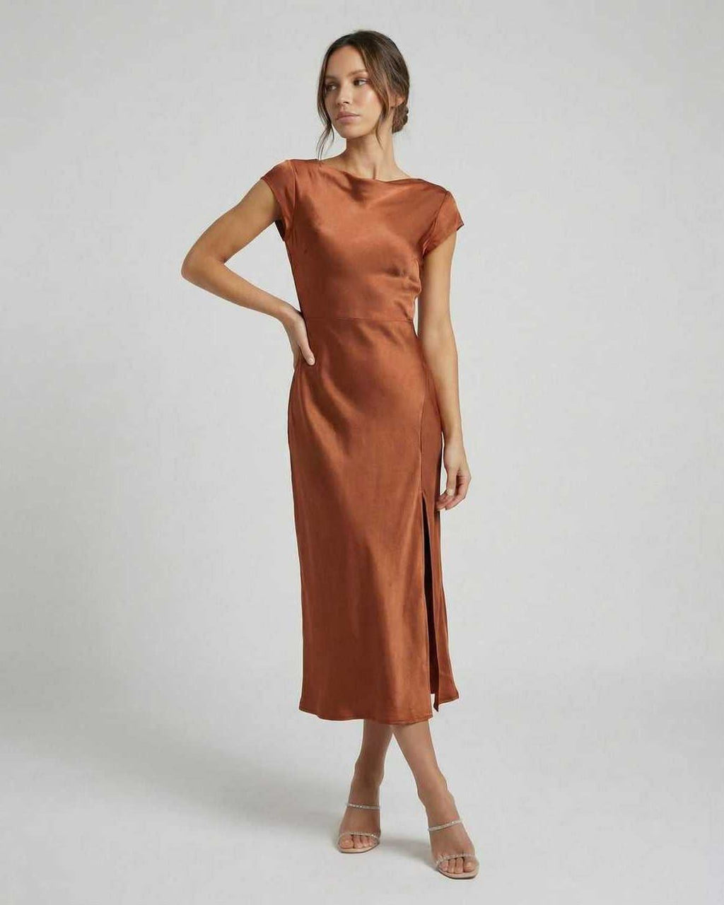 Rust Satin Midi Dress