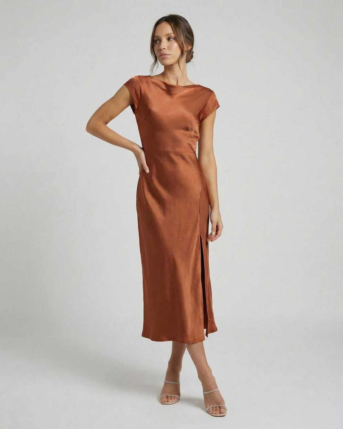 Rust Satin Midi Dress