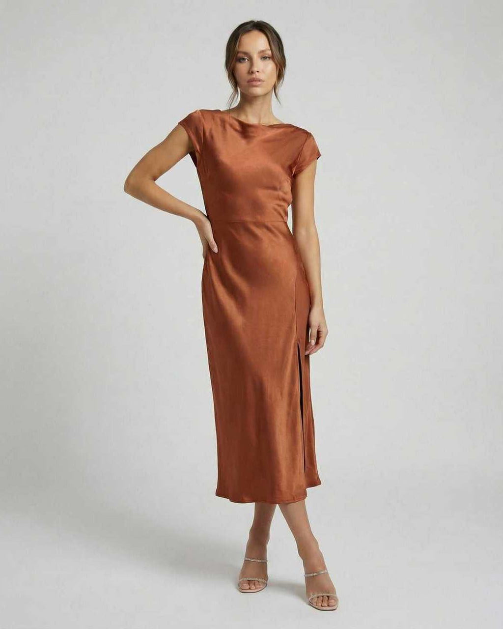 Rust Satin Midi Dress