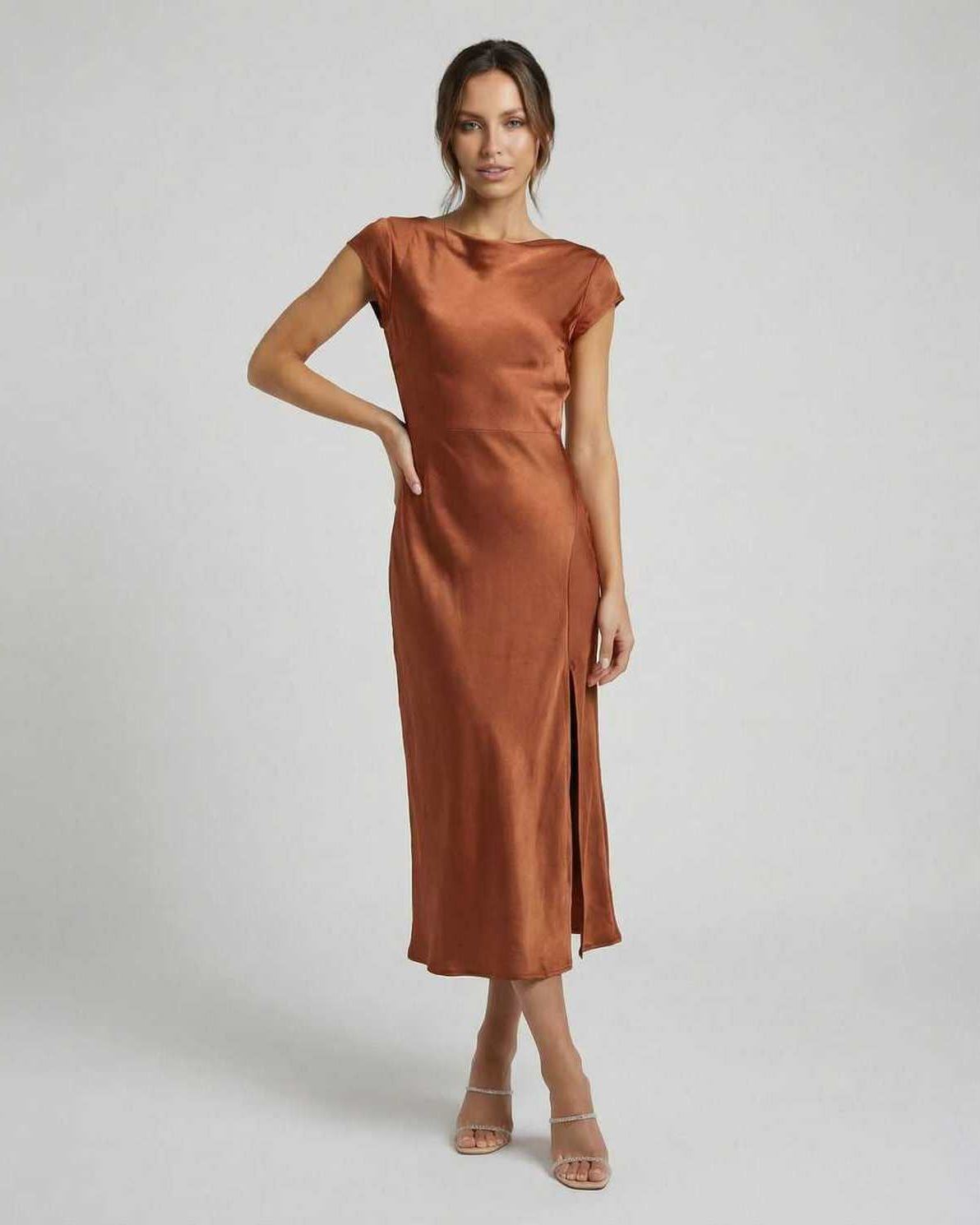 Rust Satin Midi Dress