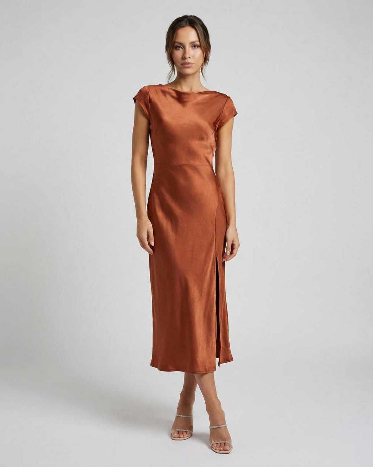 Rust Satin Midi Dress