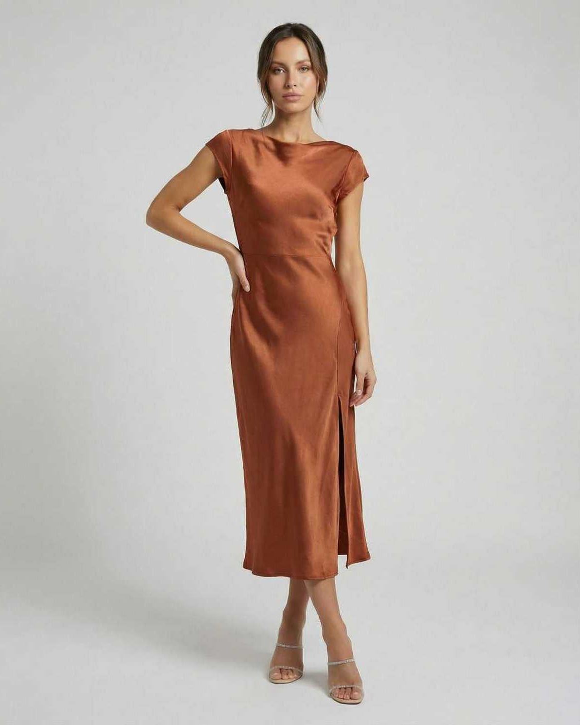 Rust Satin Midi Dress