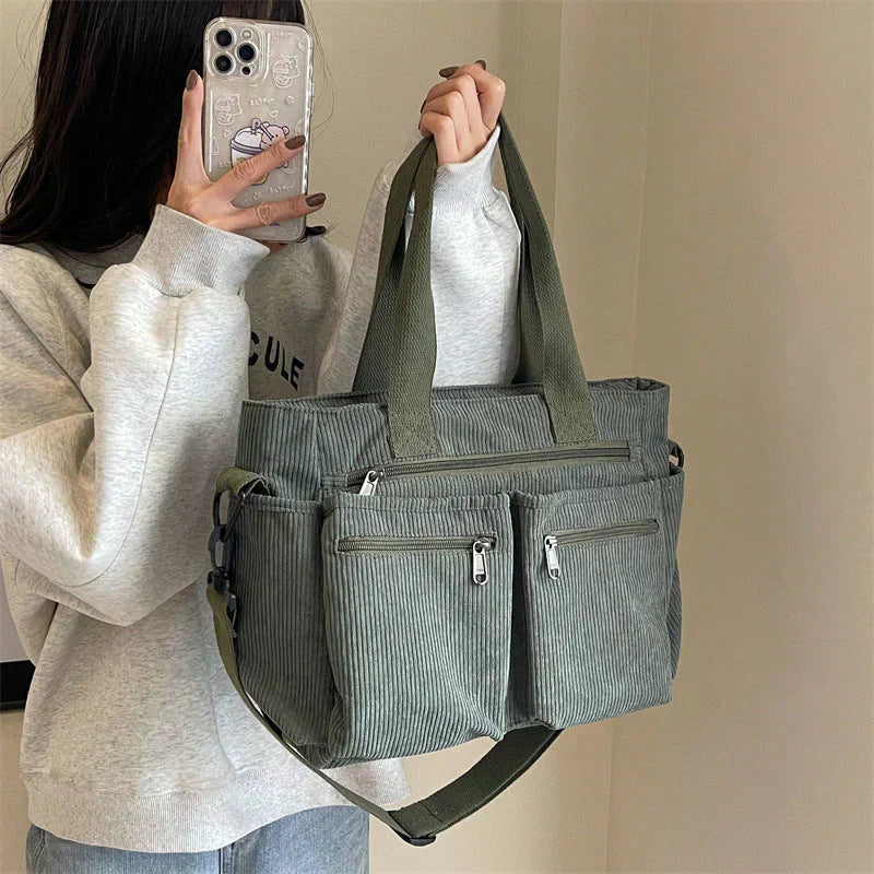 Corduroy Multi-Pocket Shoulder Crossbody Bag