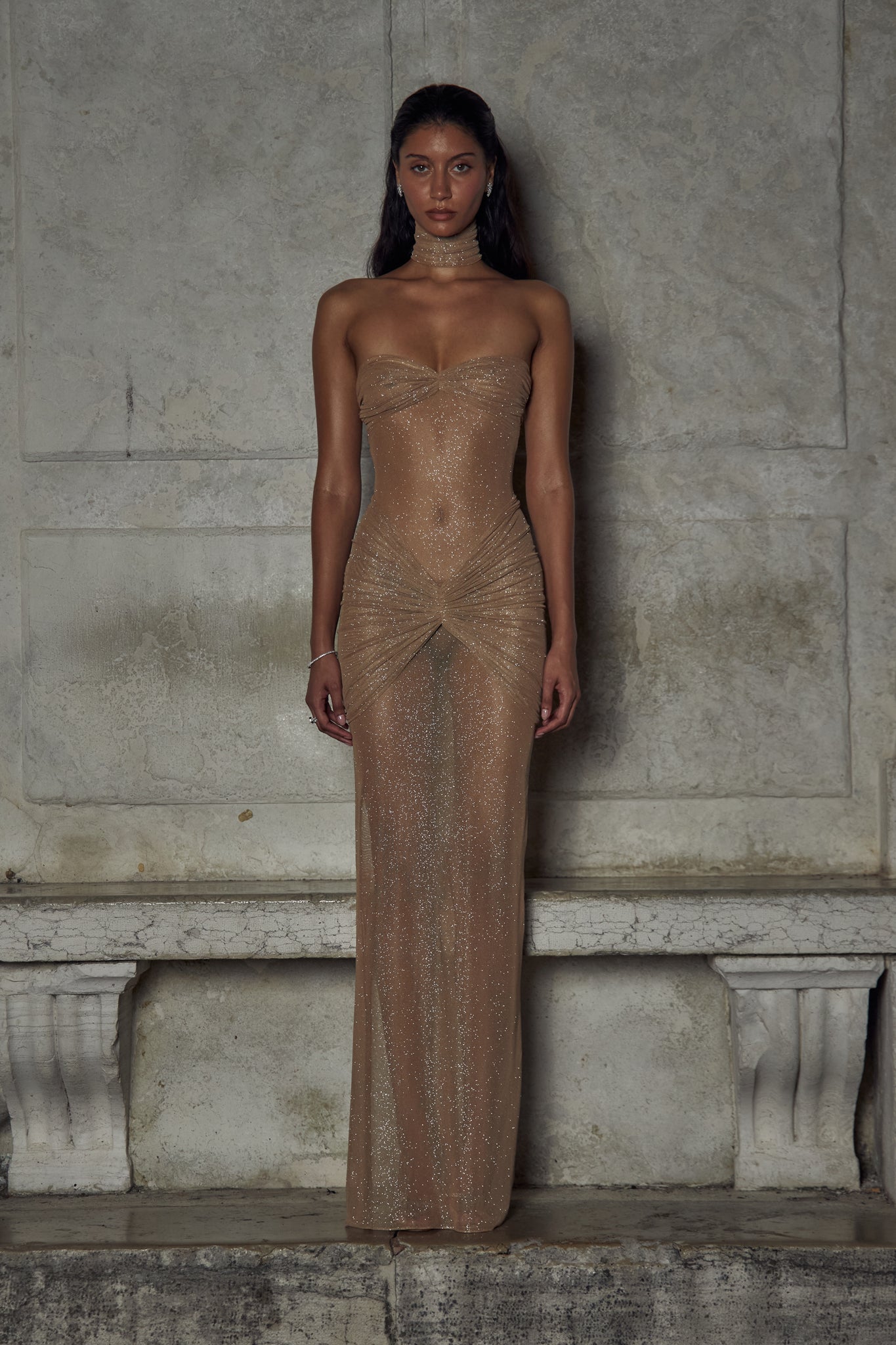 Strapless Glitter Maxi Dress