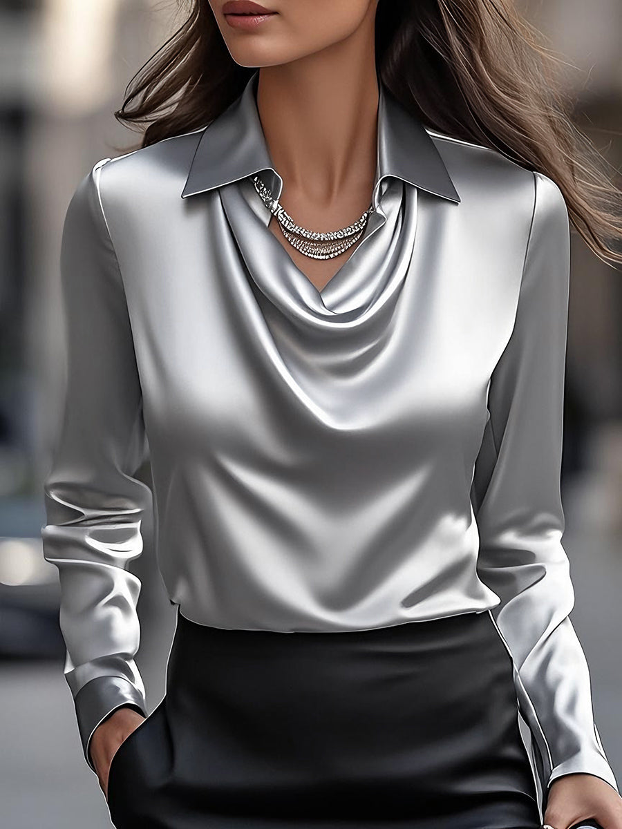 Draped Collar Long Sleeve Blouse
