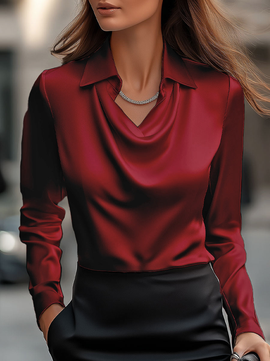 Draped Collar Long Sleeve Blouse