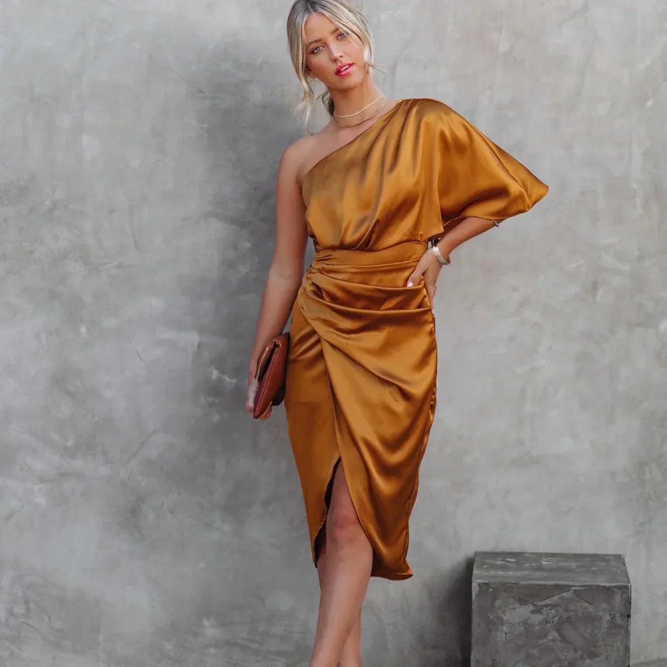 Draped One Shoulder Satin Midi Dress