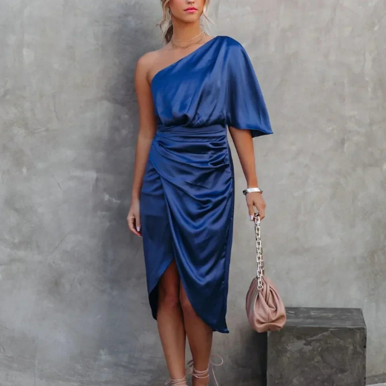 Draped One Shoulder Satin Midi Dress